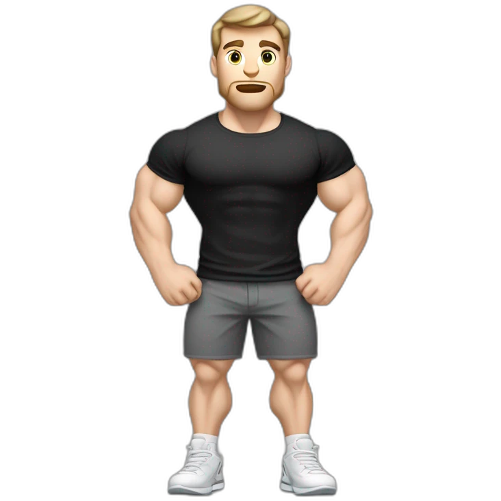 Confused Pale skinned Fit Man With the biceps and dark brown hair in black shirt, gray sports shorts and white Sneakers emoji