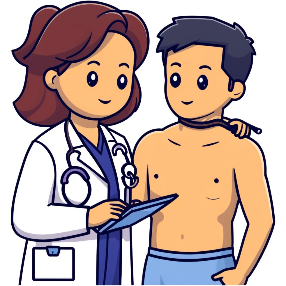 Professional female physician examining male patient's chest with stethoscope during routine medical check-up, patient sitting shirtless emoji