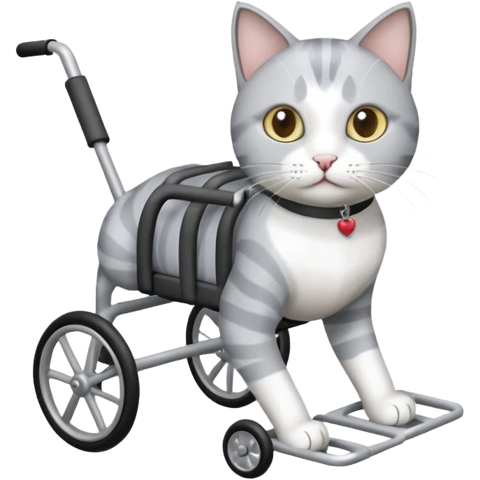 grey and white cat in a cat walking wheelchair emoji