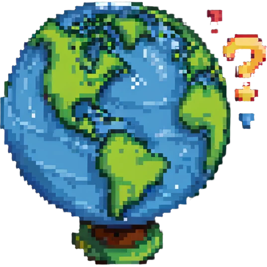 pixel art globe with a quiz question mark overlay emoji