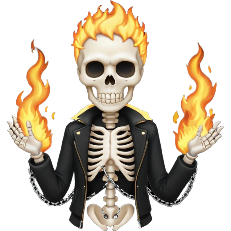 Makes skeleton on fire with a black jacket and metal chain emoji