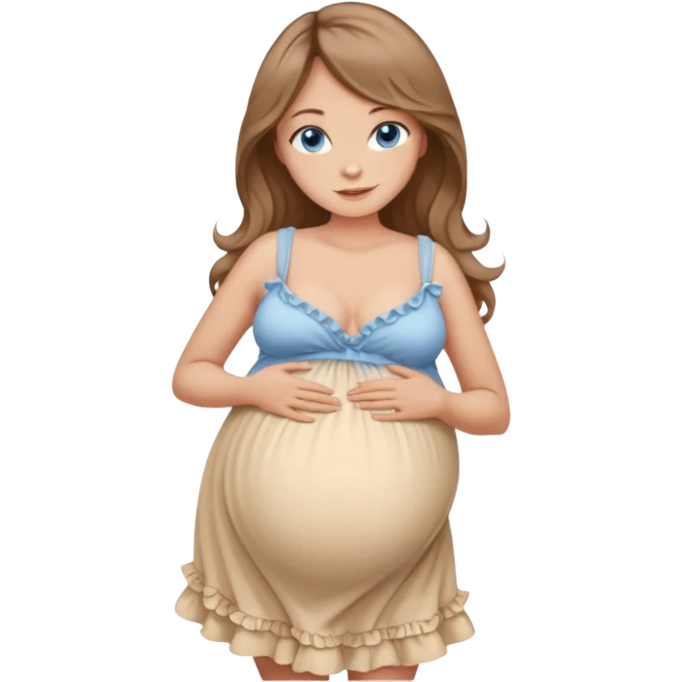 Beautiful Woman with Blue eyes, and long flowing almond brown hair and a light tan skin tone, standing in a relaxed pose holding her visible pregnant belly in frilly buttercream colored babydoll sundress with cleavage showing emoji