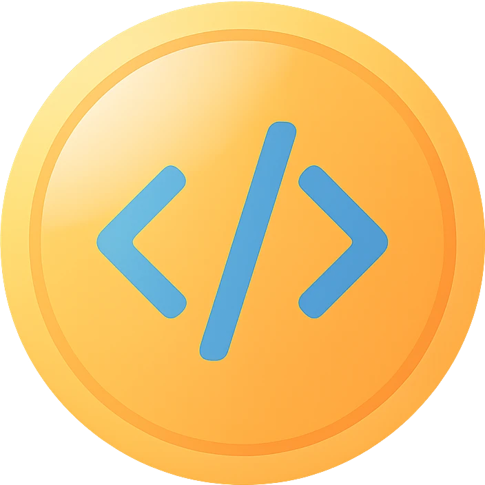 a vibrant colorful coin with coding symbols and a glass effect emoji