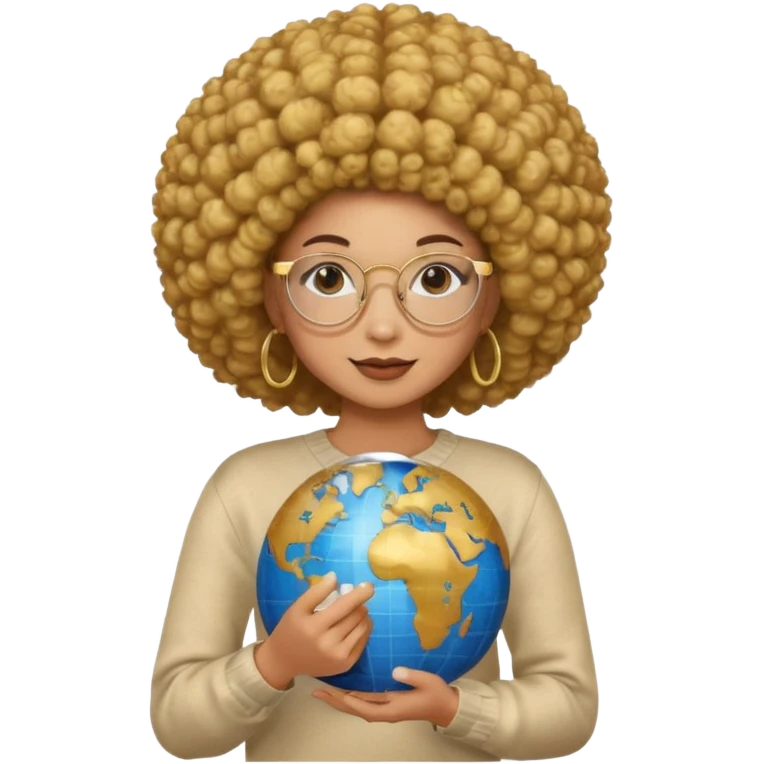 a young woman wearing gold round glasses and afro hair, she has medium/mate skin, she's wearing a sweater and she's holding a globe in her hand emoji