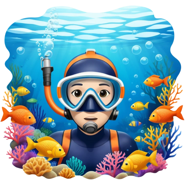An icon featuring a close-up of a freediving mask and snorkel, with a breath-holding diver's fins, set against a vibrant underwater world. The design includes coral reefs, fish, and bubbles, symbolizing the serene beauty and thrill of freediving. Transparent background highlights the calm emoji