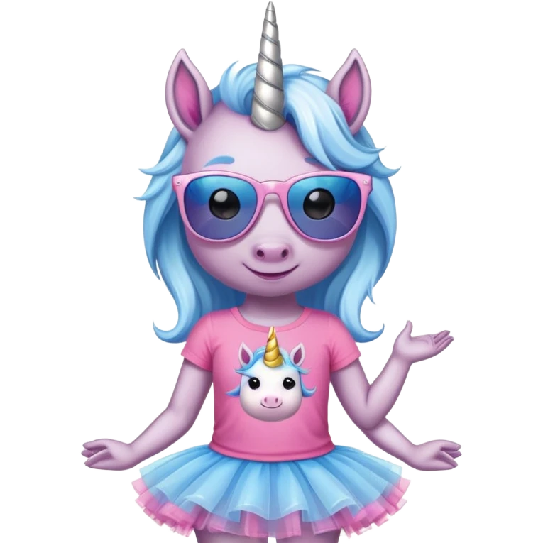 head and shoulders portrait of a friendly anthropomorphised female unicorn in tutu and pink t-shirt, wearing dark sunglasses, blue and silver color scheme emoji