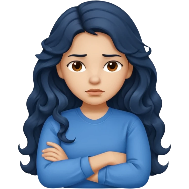 Hispanic girl with long dark wavy hair crossing her arms and slightly pouting emoji