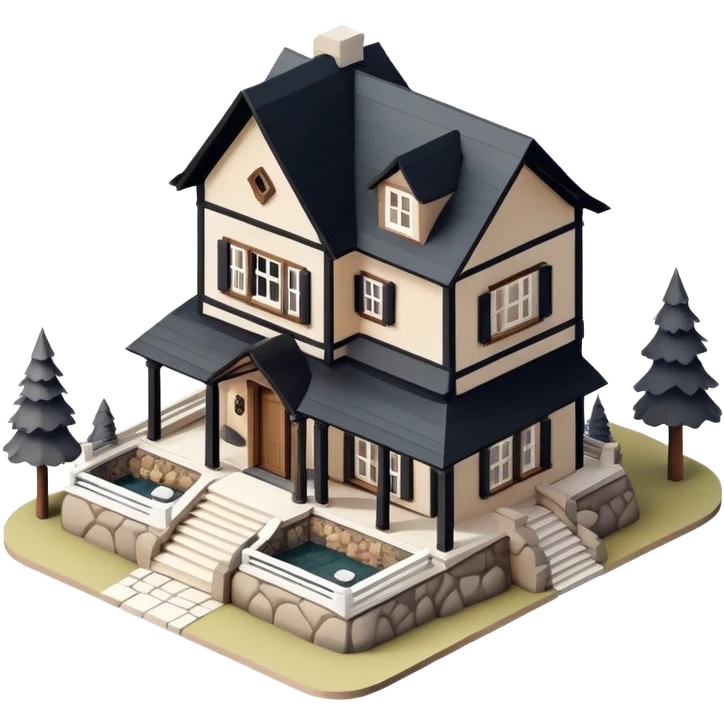 Isometric exterior little black, beige, and white mountain cabin mansion, stone and wood, dollhouse style 3D realistic  emoji