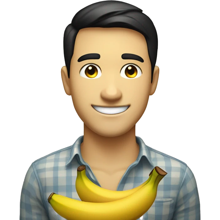 Handsome young man smiling face emoji. Closed eyes, slightly blushing cheeks. Short black hair. Big smile. Wearing a yellow shirt with a smiling banana pattern. Playful expression with a slight touch of defiance emoji