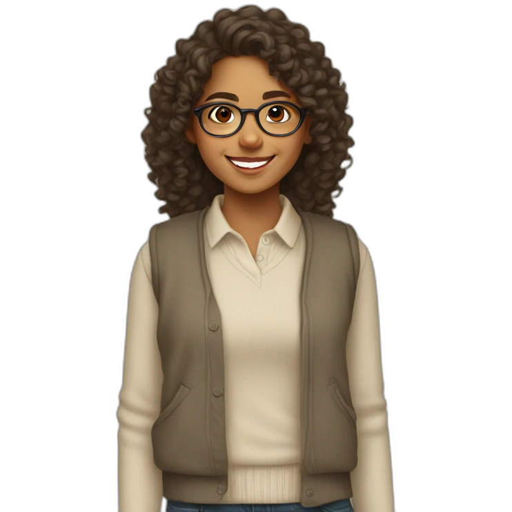 smiling indian teenage girl with curly hair and glasses wearing a collared long sleeve white shirt under a beige sweatervest emoji