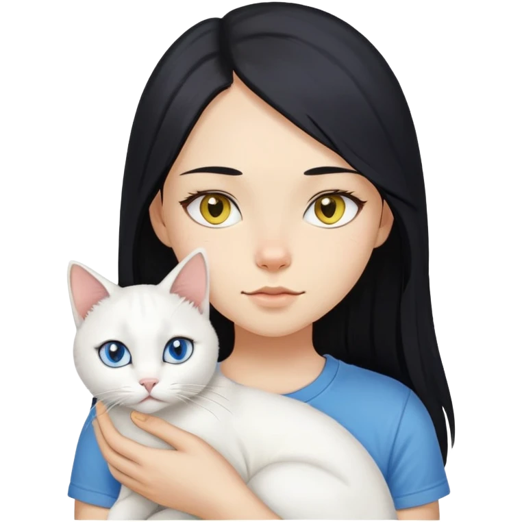 A girl with long black hair, fair-yellow skin, and brown eyes, wearing a white T-shirt, holding a white cat. The cat’s left eye is blue and its right eye is yellow. emoji