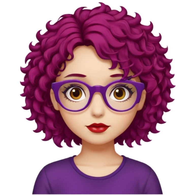 girl, almond brown eyes, red rectangle glasses, curly mid-short hair, deep purple hair, red top, casual-goth emoji