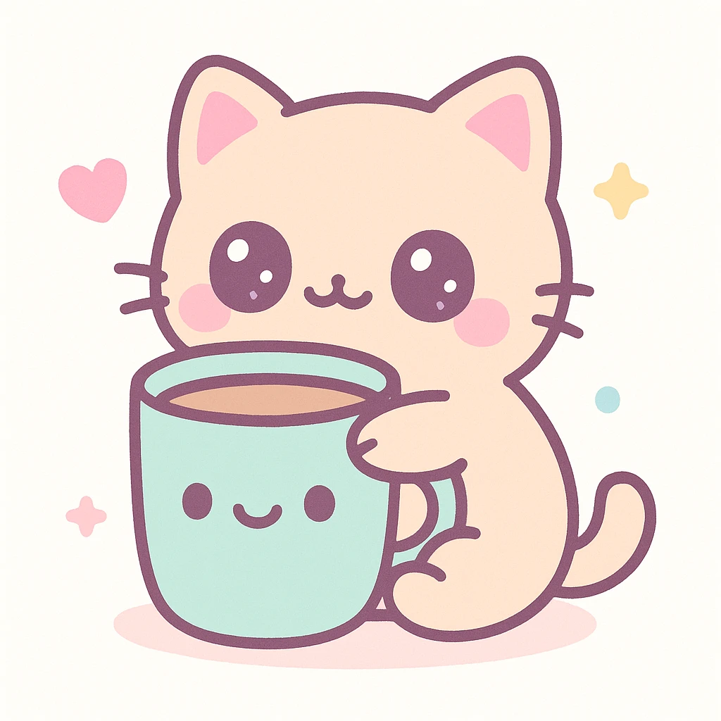 a playful cat hugging a coffee mug, kawaii style emoji