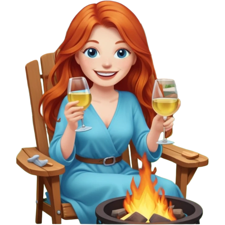 Laughing redhead with long hair and blue eyes holding white wine sitting in chair beside fire pit in backyard emoji