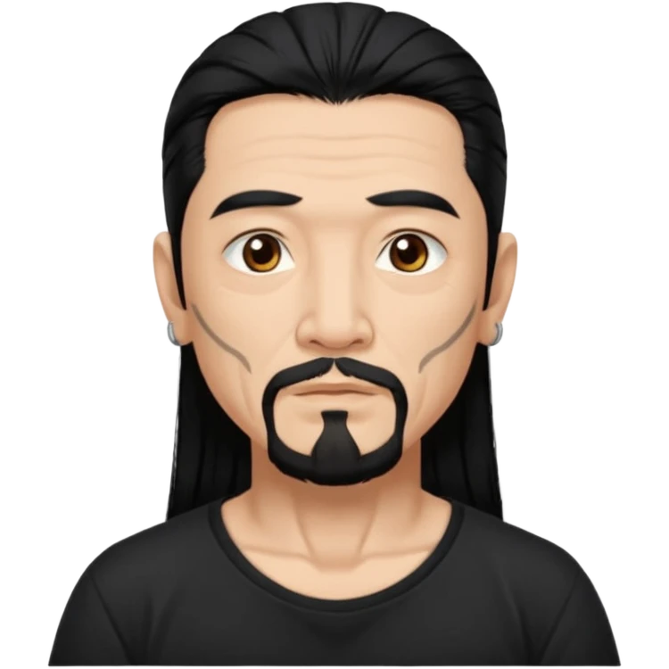 Older Spanish male. Asian eyes. Long, Angular eyebrows. Chin strap goatee.
Untucked, loose fitting black t-shirt. 
long black hair.
Even More tattoos. 
Peaceful emoji