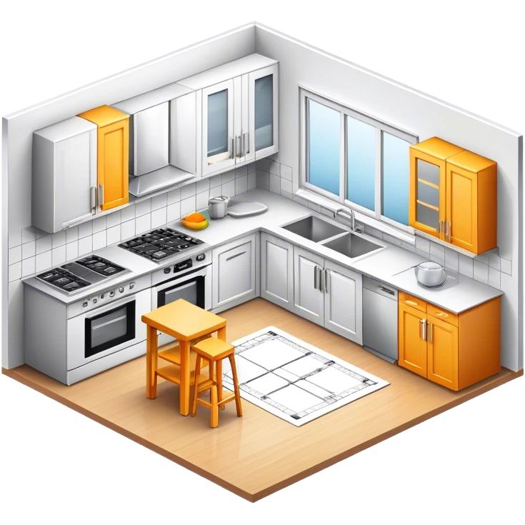 Icon for Furniture Design: a kitchen layout with a detailed sketch of a kitchen set, design tools like a ruler and pencil, and a 3D model of the kitchen being developed. The icon should represent the process of designing kitchen furniture. Transparent background. emoji