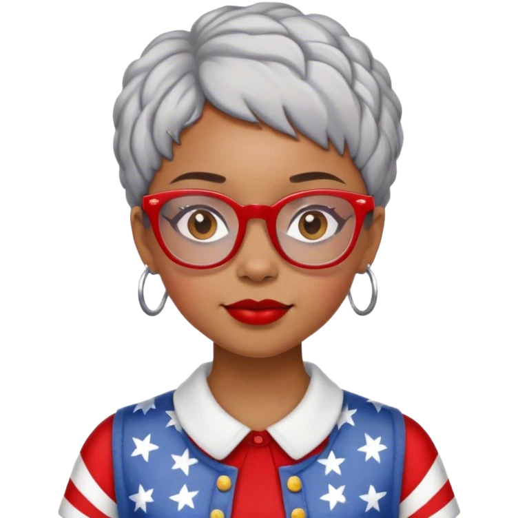 Light skinned Black girl with red glasses short natural gray haircut celebrating Labor Day emoji
