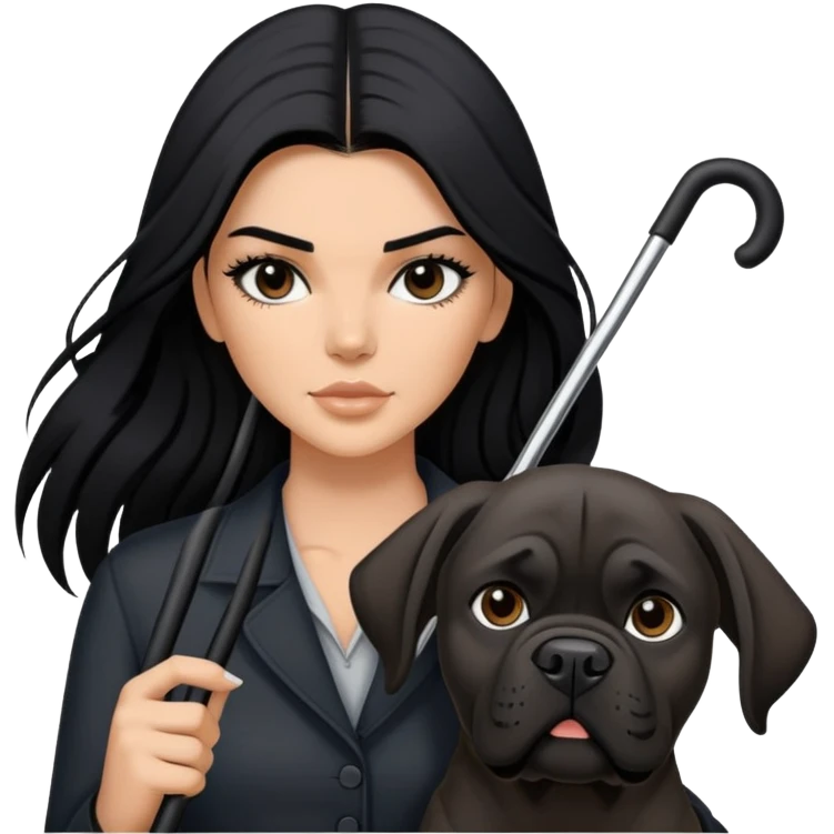 Kendall Jenner with long black hair holding a black Cane Corso dog emoji