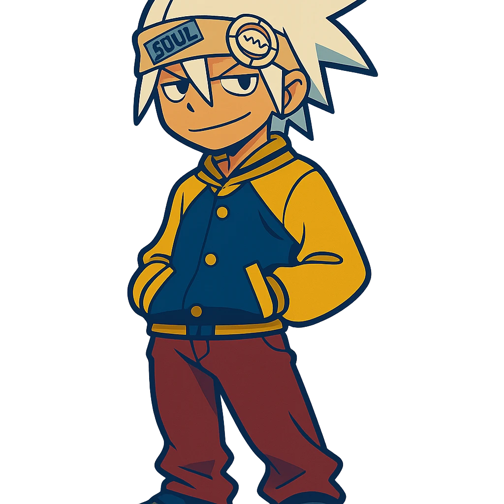 Soul Eater Evans with his hands in pockets, relaxed stance, white hair, headband, anime style, cool attitude emoji