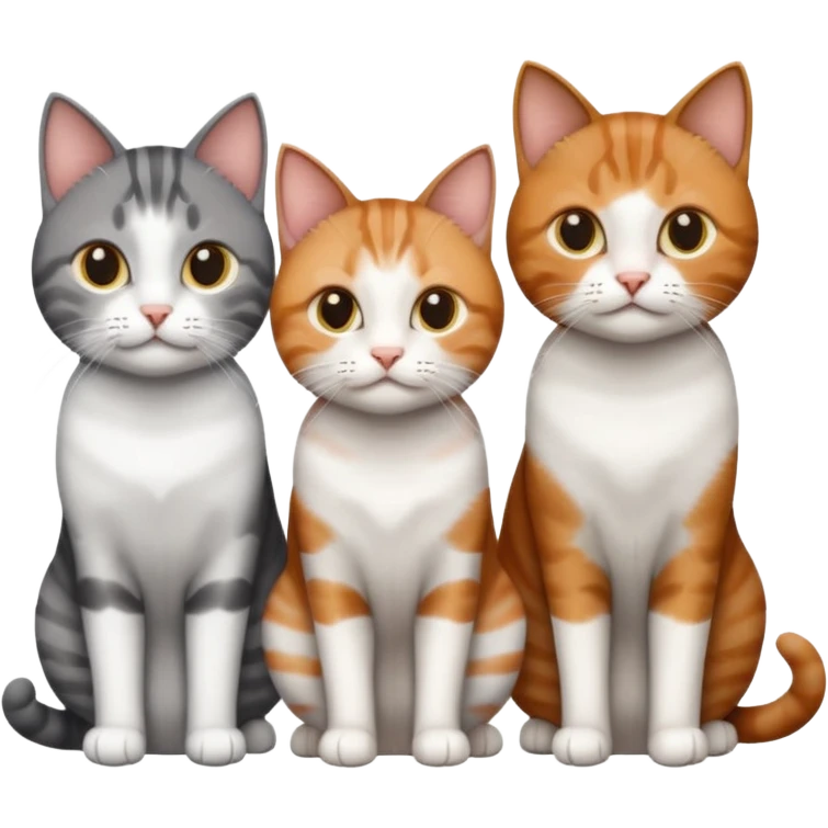 3 different coloured tiny short haired cats, including a dark grey and white cat, a ginger and white and a brown tabby and white emoji