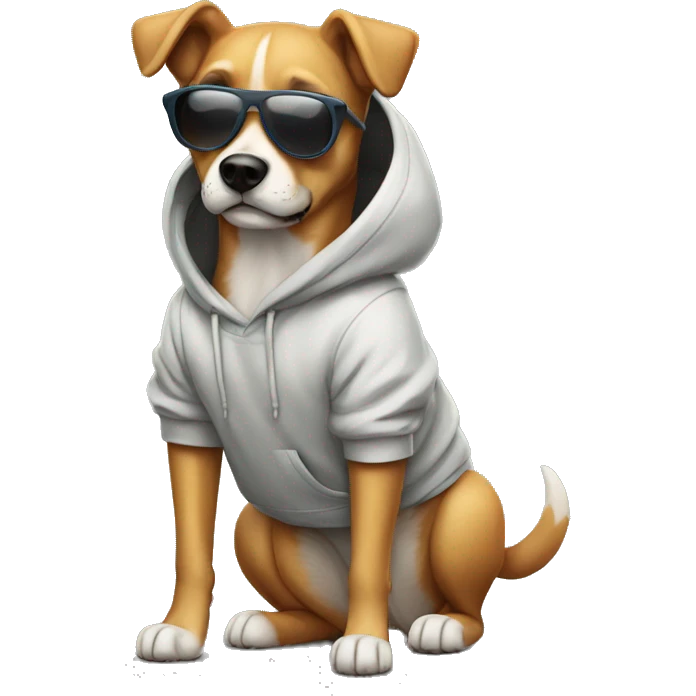 Full body image of a dog wearing hoodie and sunglasses and shorts emoji