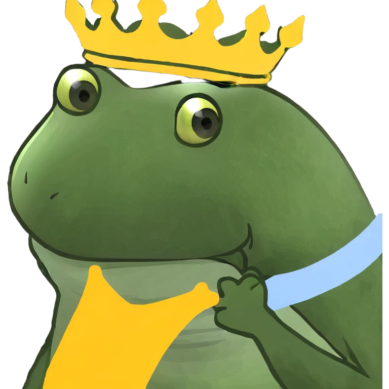 frog meme as a king wearing a golden crown surrounded by a glowing aura emoji
