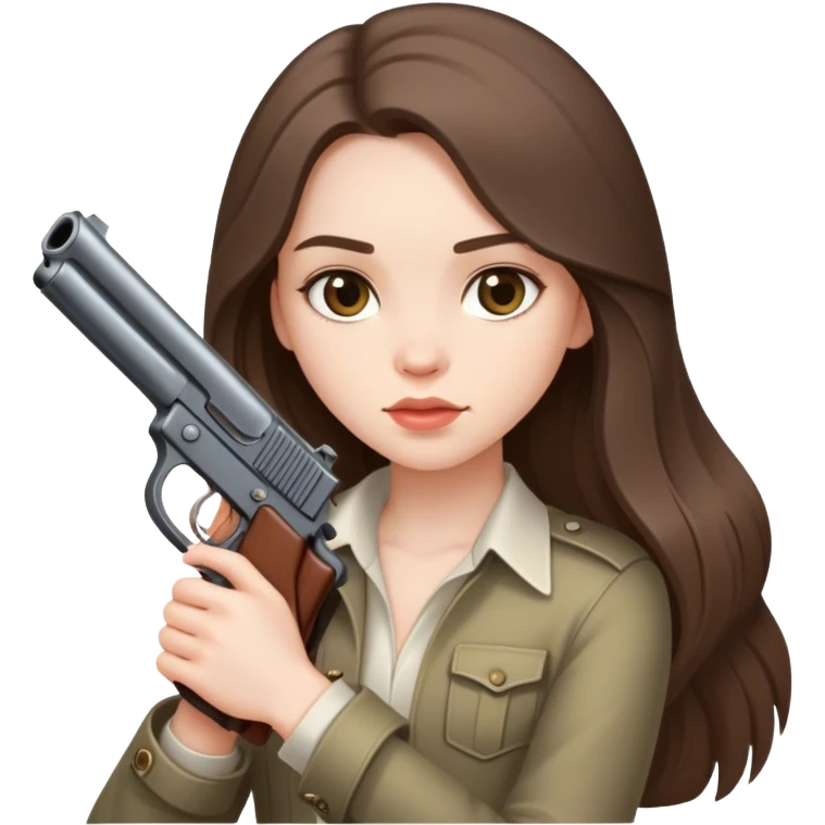 beautiful pale brunette girl with long hair with a short gun emoji