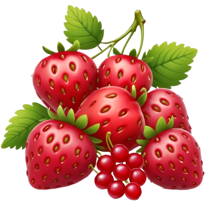 group of red berries including strawberries, raspberries, red currants, cherries, arranged together, glossy and fresh, 3D clean style, no faces, transparent background emoji