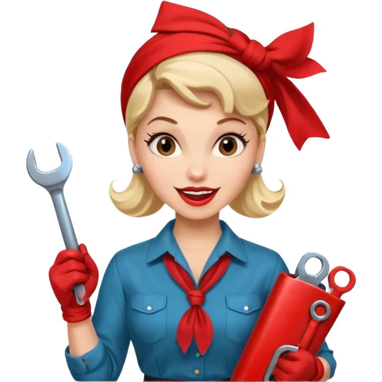 A 50ies housewife who is excited about working and is a powerwoman because she husstles a lot. A bit like the woman from Real Vintage Doll House. And the woman from We Can Do It!. Rockabilly vibe. Cartoonish perhaps? Help me :D emoji