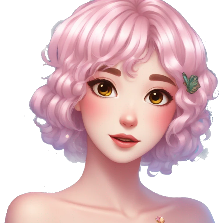 gorgeous shiny blushing anime lady with butterflies and beautiful hair fairycore high quality detailed vogue trending aesthetic emoji