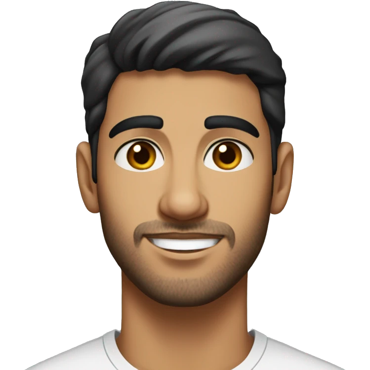 A head and shoulders shot of a 22 year old Arab man, with short black hair, with stubble facial hair,   with brown eyes wearing a t-shirt. emoji