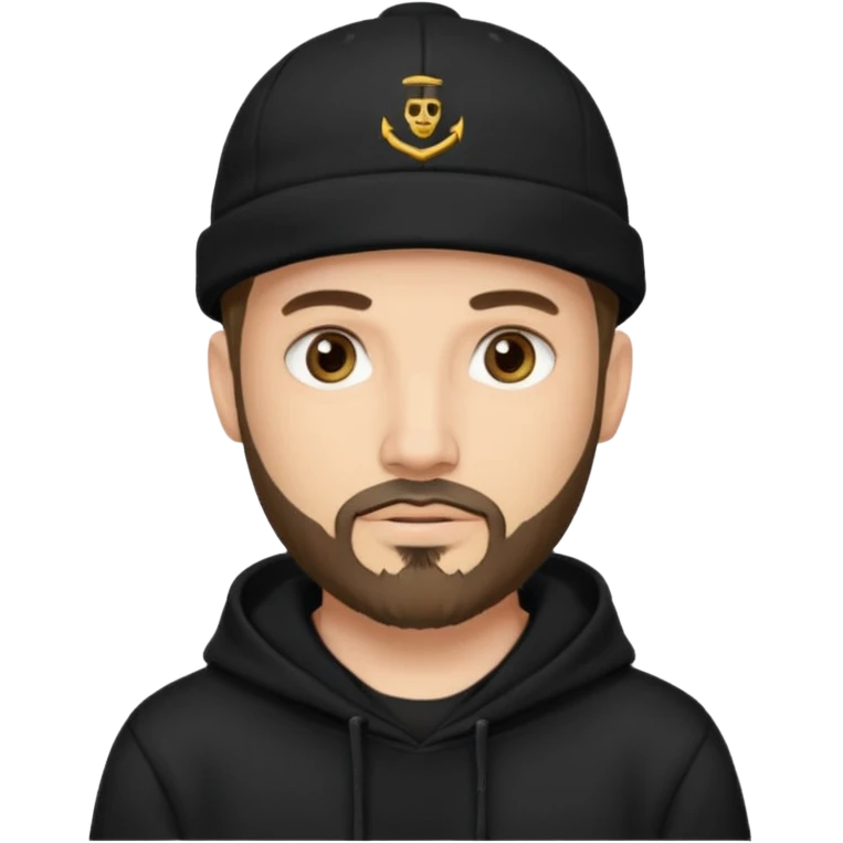 Hombre de ojos claros, con barba fina y perilla, gorra negra bordada, y sudadera negra emoji