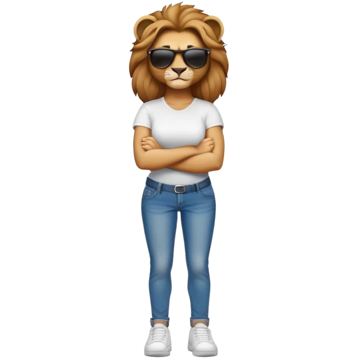 female lion character, full body, standing with arms crossed, wearing jeans, white t-shirt, trainers, dark sunglasses, strong and determined look emoji
