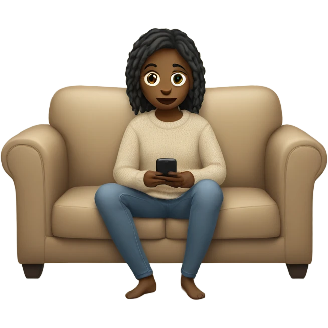 Girl in beige sweater is sitting on the couch in her phone  emoji