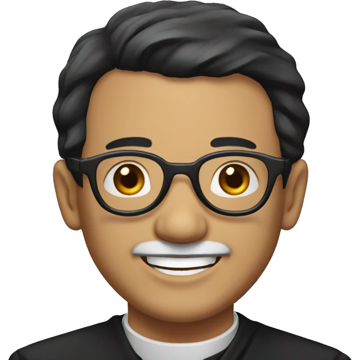old catholic priest with black hair, smiling with teeth and glasses emoji