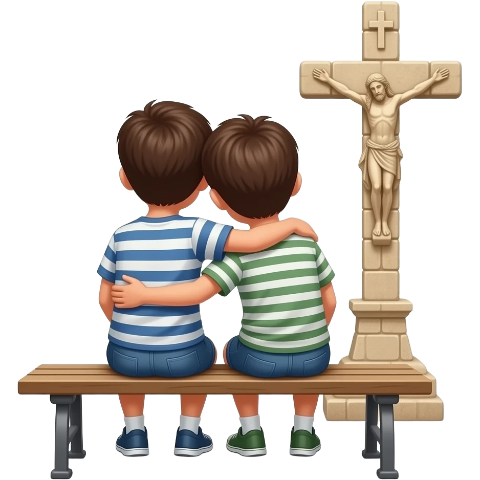 AZ a dos chicos sentados en un banco mirando para atrás q se les vea la espalda abrazados y delante suyo hay la cruz de Caravaca de la cruz emoji