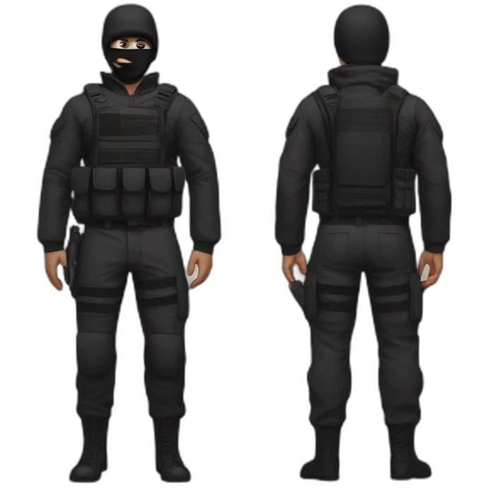 Poker face man, black hair and black mouth mask and black military pants emoji
