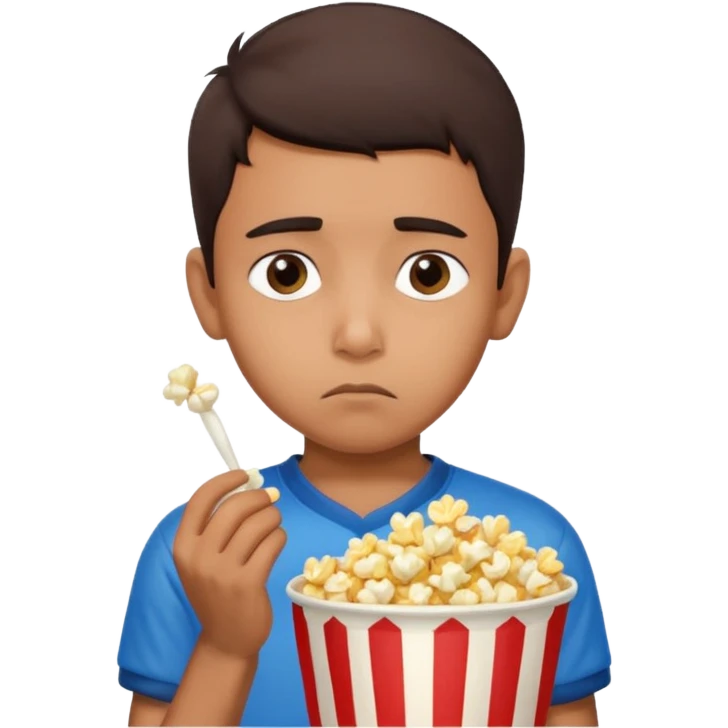 an indian boy wearing indian cricket jersey and eating popcorn and looking sad emoji