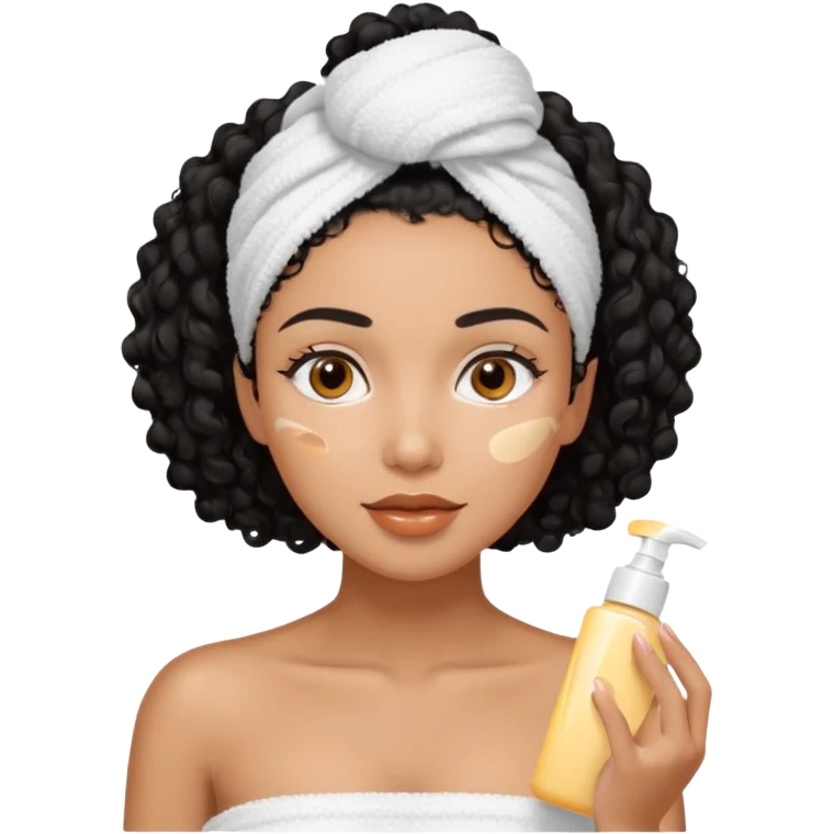 Mixed-race woman with glowing caramel skin and black curly hair, in a white towel wrap, applying face cream in front of a soft pastel background emoji
