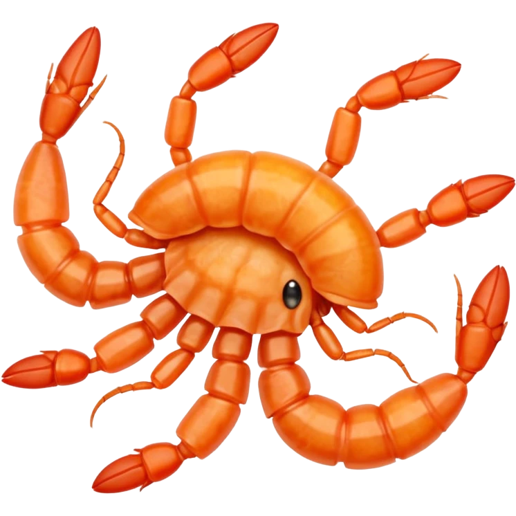 five small dried shrimp, curled, visible legs and antennae, dry translucent surface, pale orange to reddish-brown, rustic sun-dried, no bowl, packaging, extra elements, or faces, clean 3D, soft shadows, transparent background, emoji scale emoji