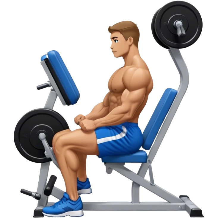 side-view bodybuilder in blue shorts seated weighted calf-raise machine on his tip toes emoji