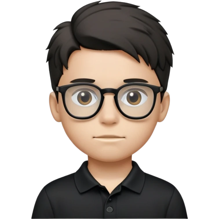 Kid in all black fit, black polo shirt with first 2 buttons untied and glasses greasy hair brushed to back emoji