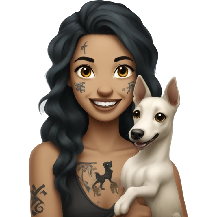 light skin woman with a face tattoo of a cross and long wavy black hair expressing joy alongide a white miniature kelpie emoji