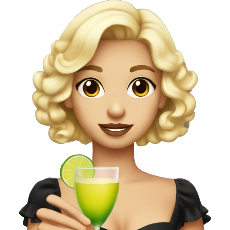 Blonde girl bright brown eyes holding a margarita in short black dress emoji