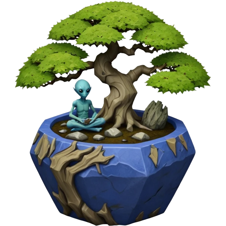 Alien hanging vines landscape mudman very old broken cracked intricate Stone Age rocky-crusted irregular dodecagon-shaped shallow dark moss rough bark blue willow flowered maple tree bonsai pot emoji