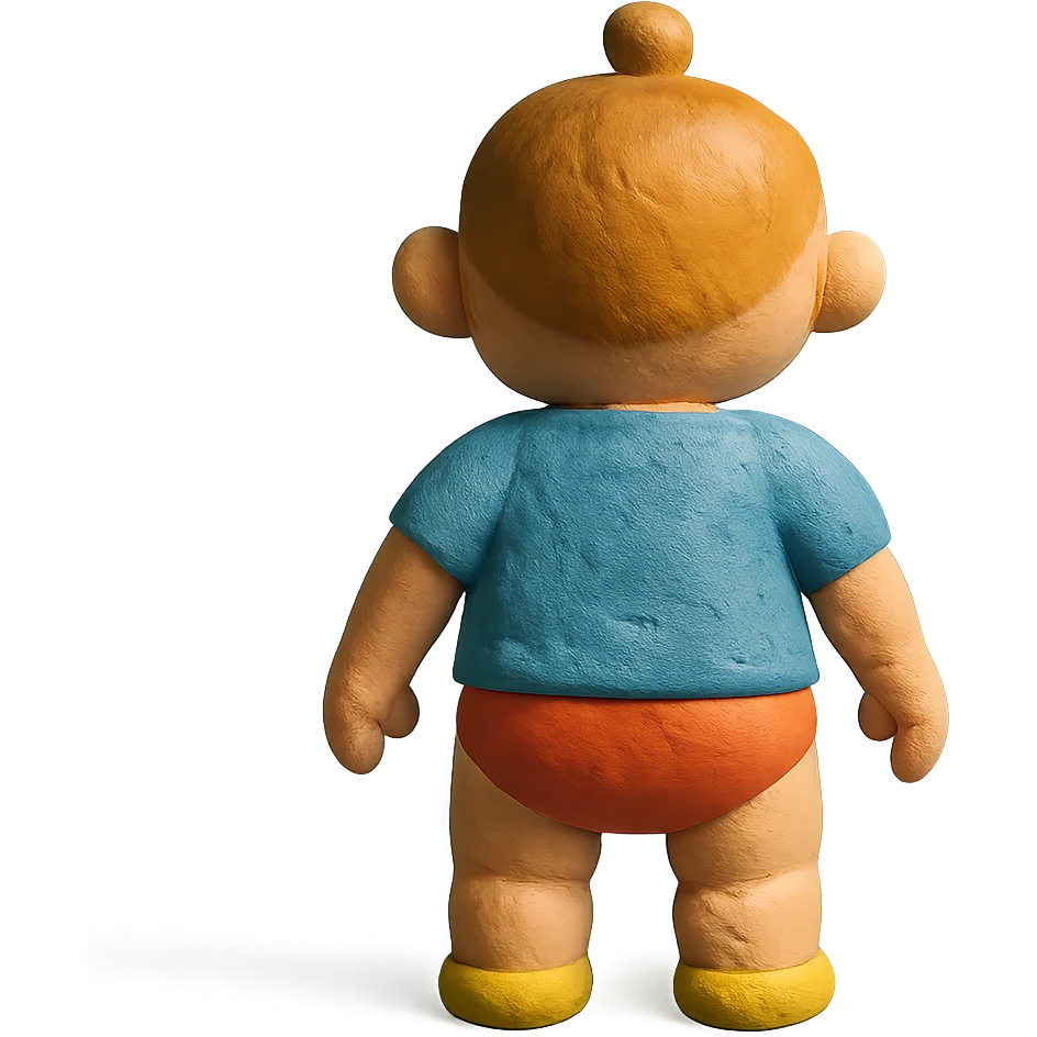claymation style baby standing with back facing emoji