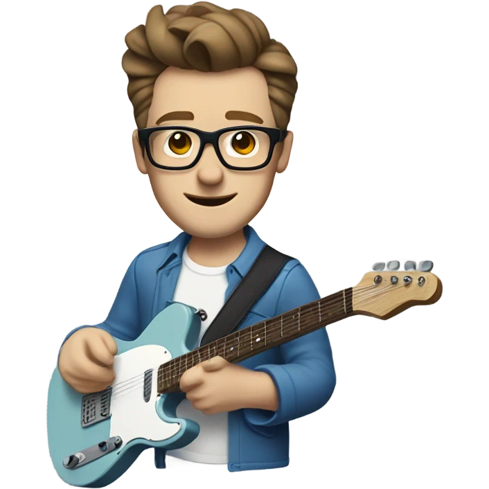 A nerdy white guy with glasses with short brown hair with a small quiff playing a blue classic telescaster emoji