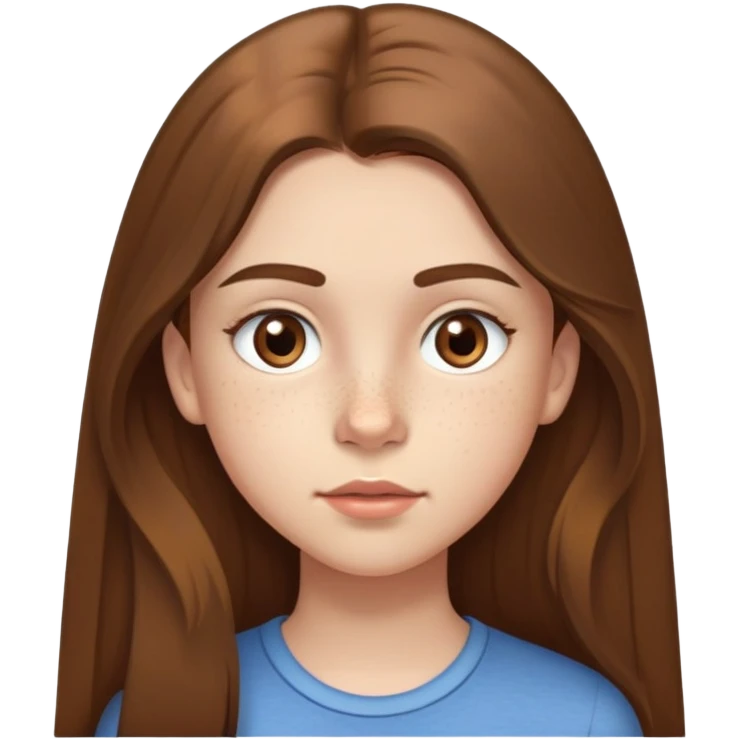 A 12-year-old girl with very long brown hair, light brown eyes, medium thick eyebrows, slightly big lips, a small freckle on her cheek and another small freckle under her eye emoji