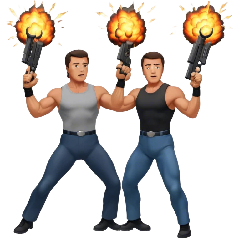 Arnold Schwarzenegger and Sylvester Stallone, explosions, weapons. The design should capture the high-energy, dynamic nature of their films. Transparent background. emoji