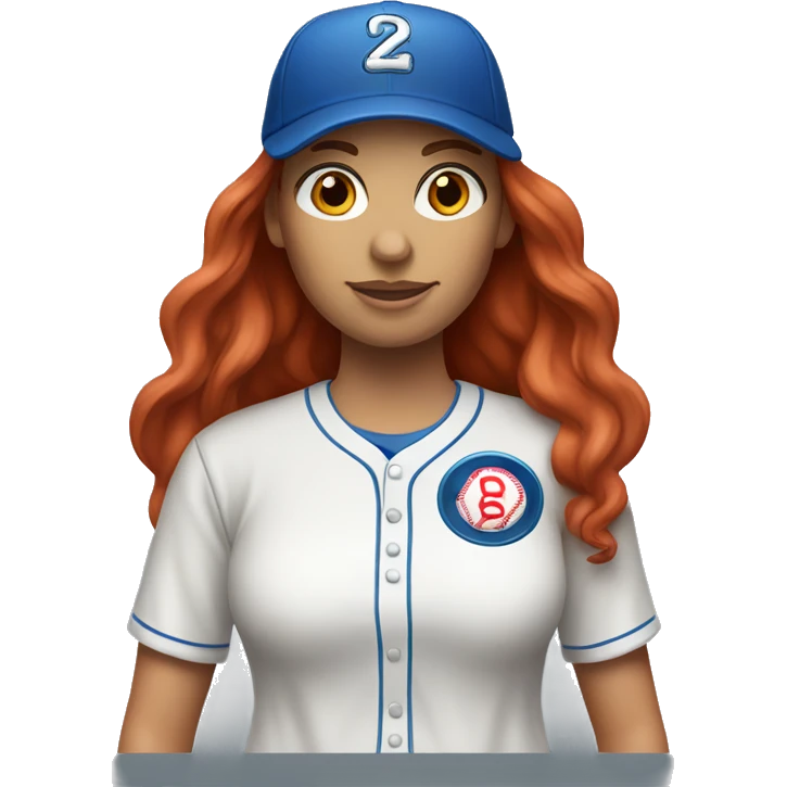 front facing standing up female coach with long red hair, wearing a white t-shirt and a simple baseball blue hat emoji